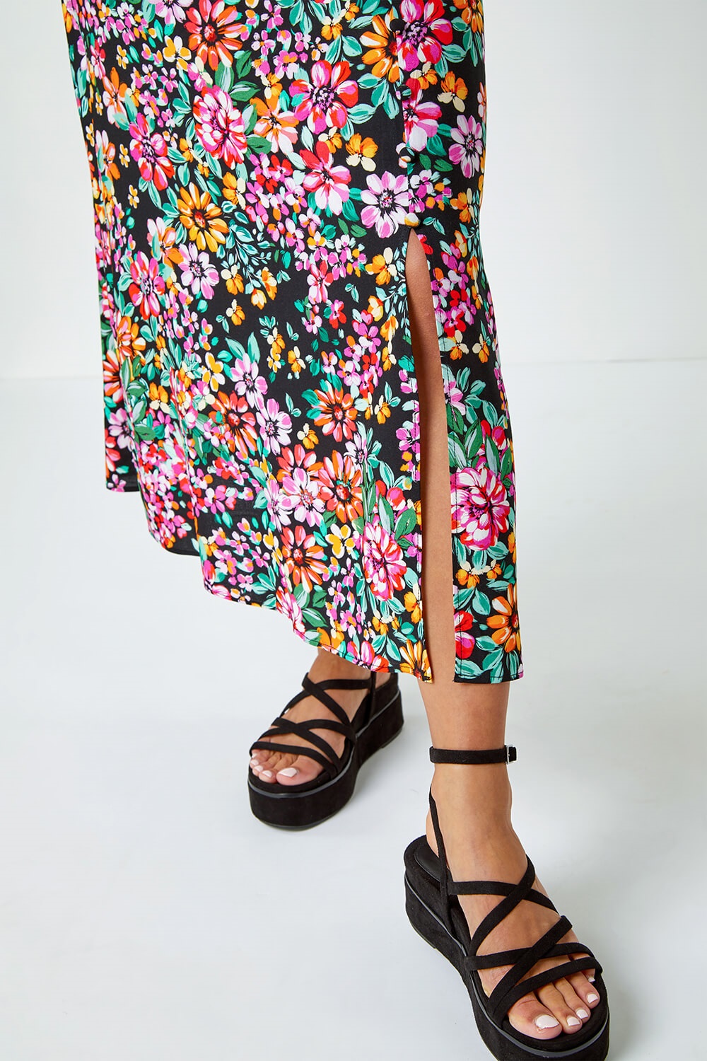 Black Floral Button Detail Midi Skirt, Image 5 of 5