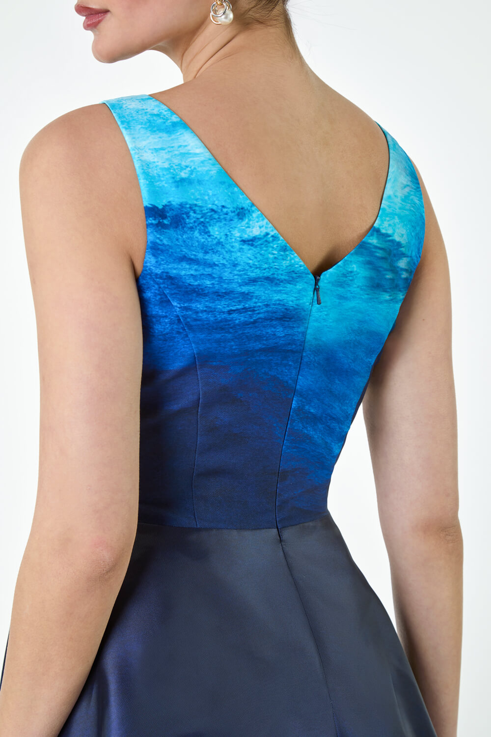 Blue Ombre Print Satin Feel Midi Dress, Image 4 of 6