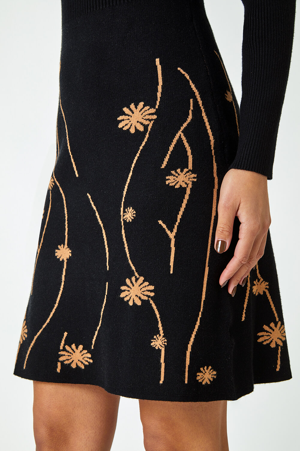 Black Ribbed Knit Floral Stretch Dress, Image 5 of 5