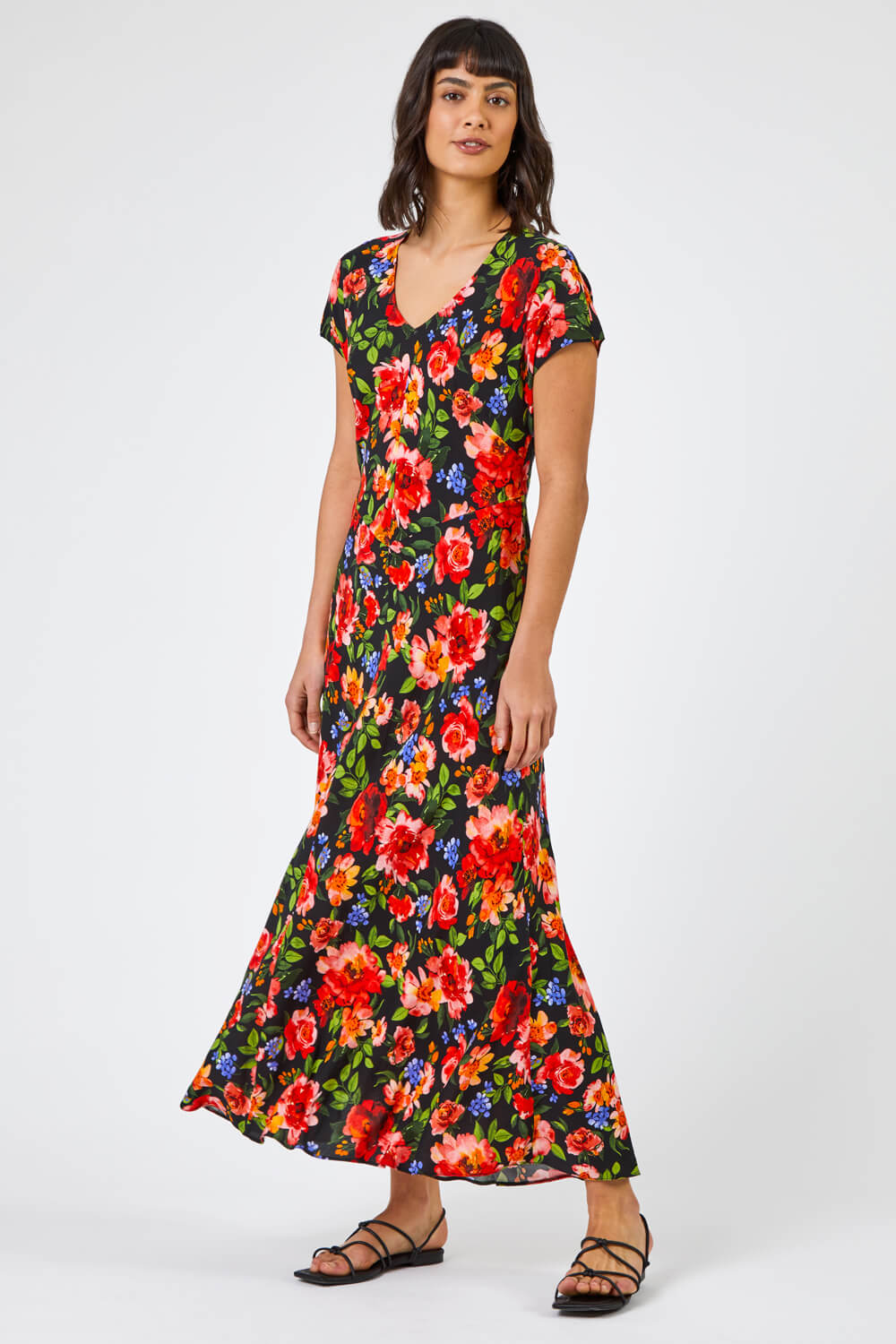 Red Floral Print Fit & Flare Midi Dress, Image 3 of 5