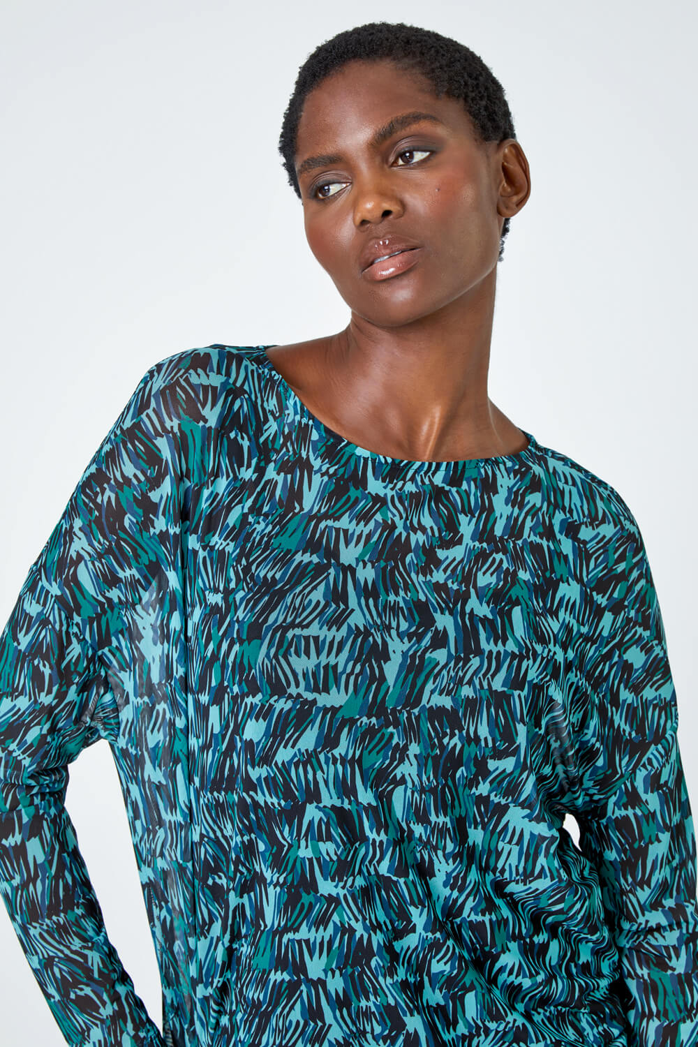 Blue Abstract Print Mesh Overlay Stretch Top, Image 2 of 5