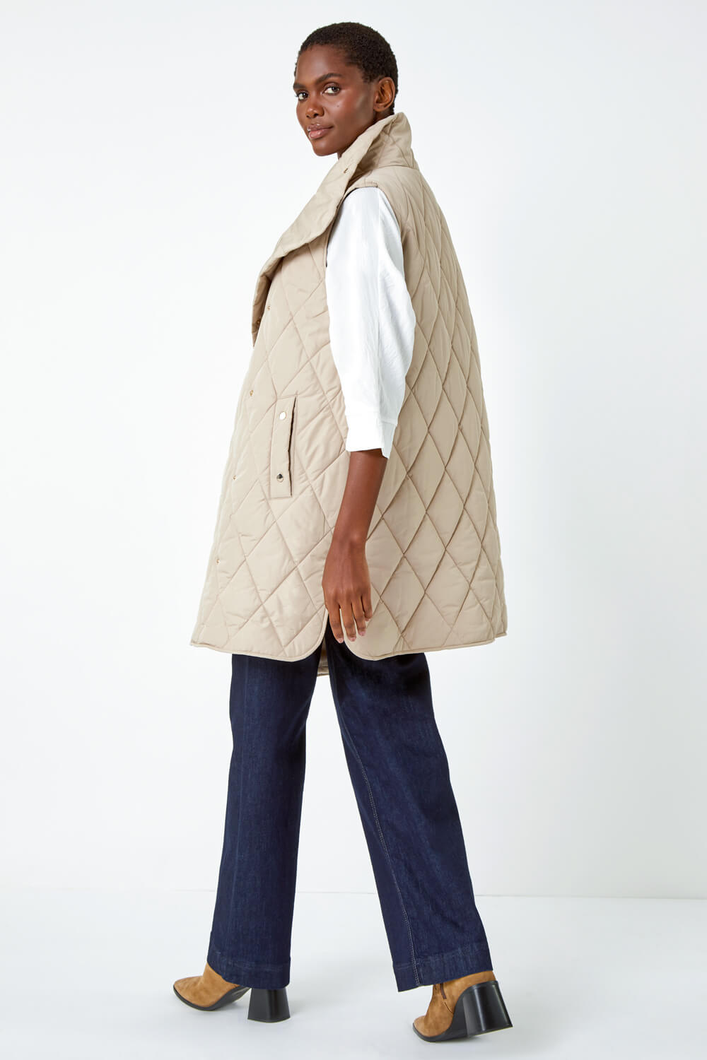 Natural  Quilted High Neck Longline Gilet, Image 3 of 5