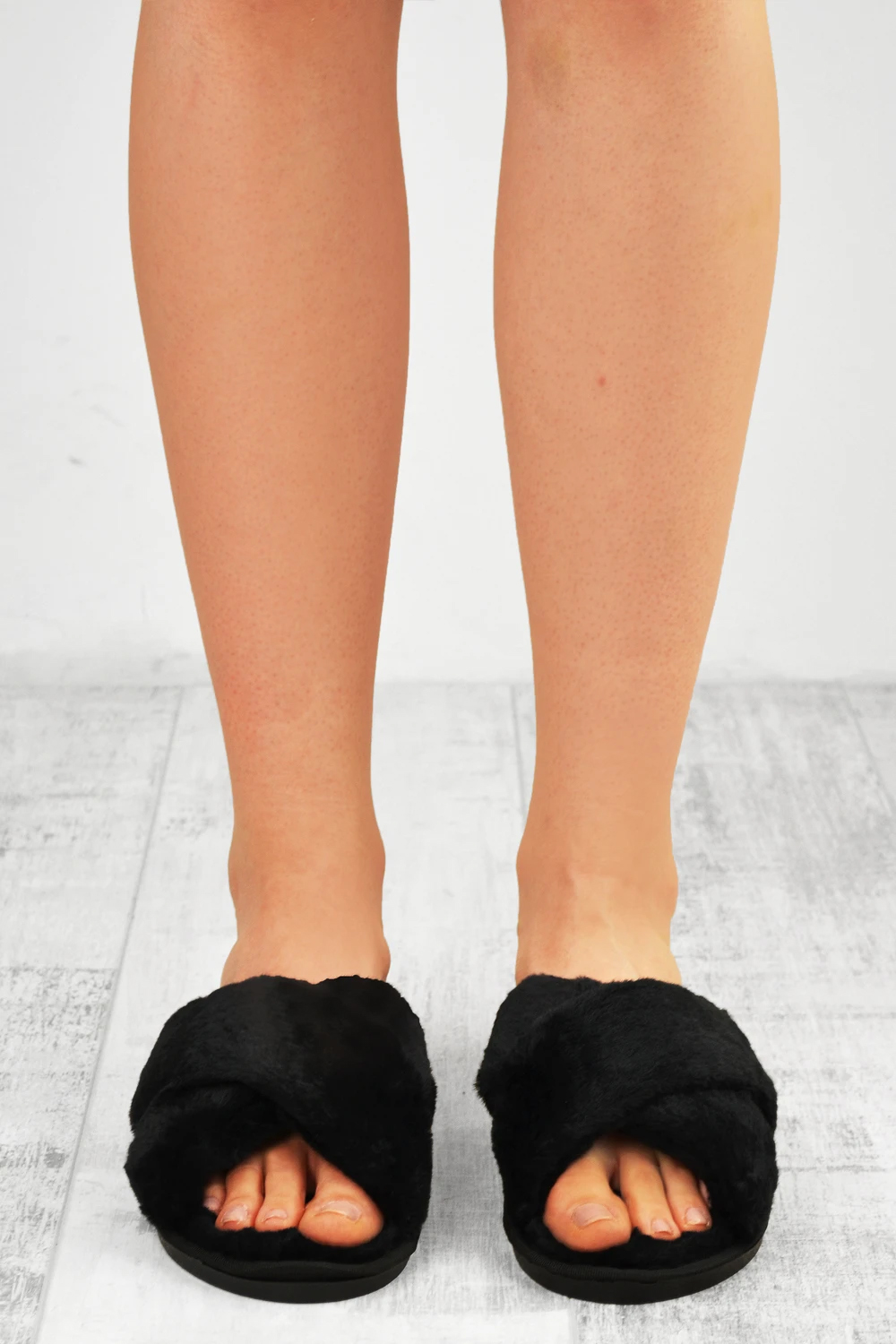 Black Faux Fur Fluffy Cross Over Slippers, Image 3 of 4