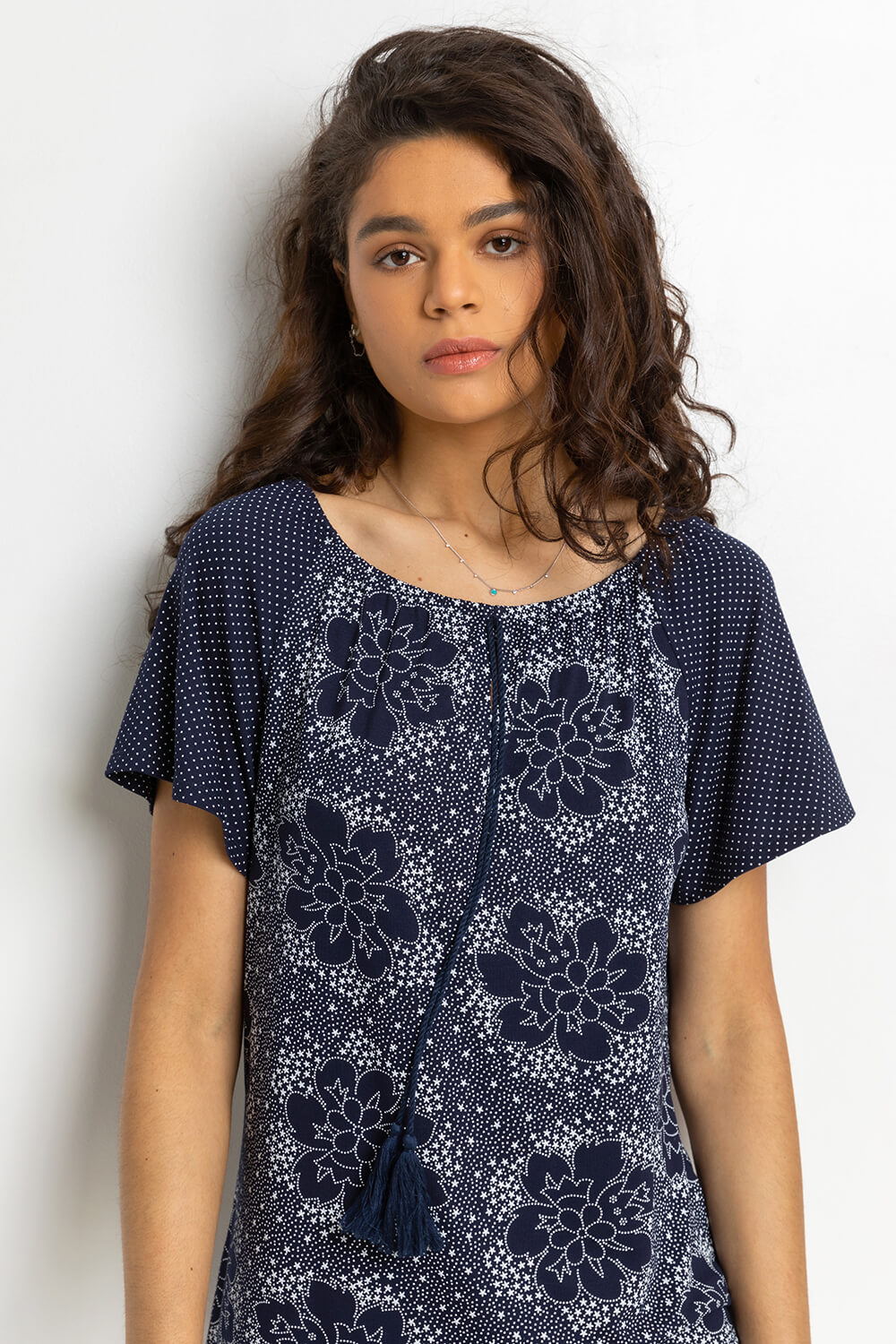 Navy  Mixed Floral Spot Print Tassel Top, Image 4 of 4