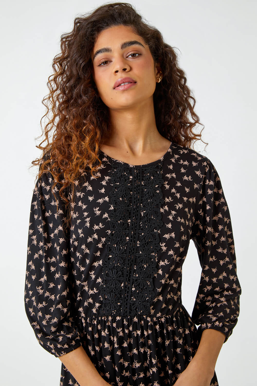 Black Lace Detail Ditsy Print Dress, Image 4 of 5