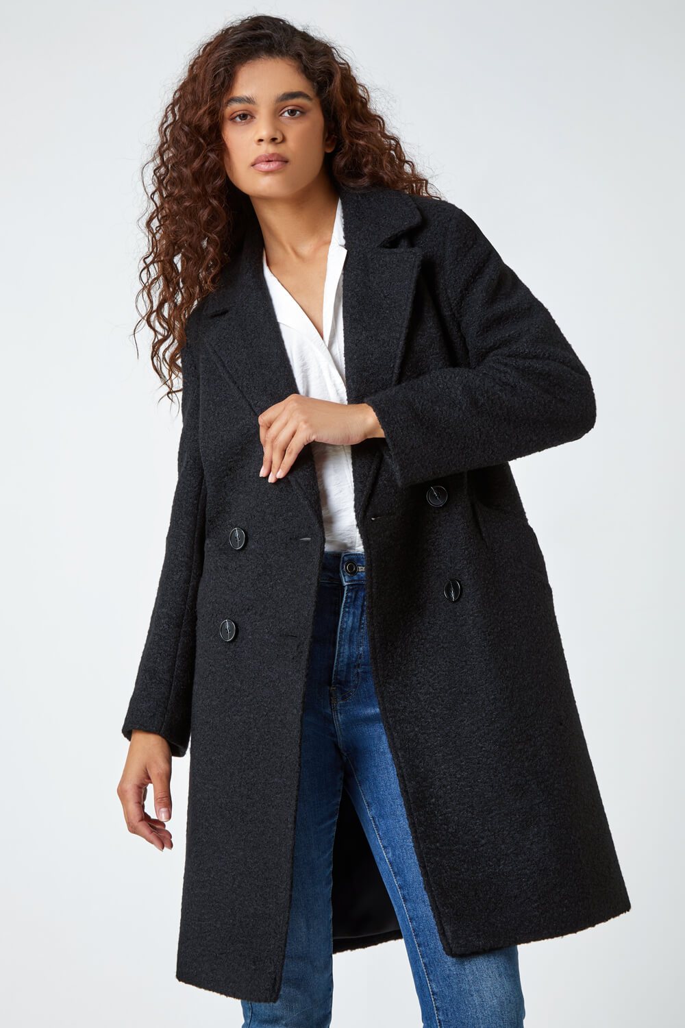 Black Relaxed Double Breasted Boucle Coat | Roman UK