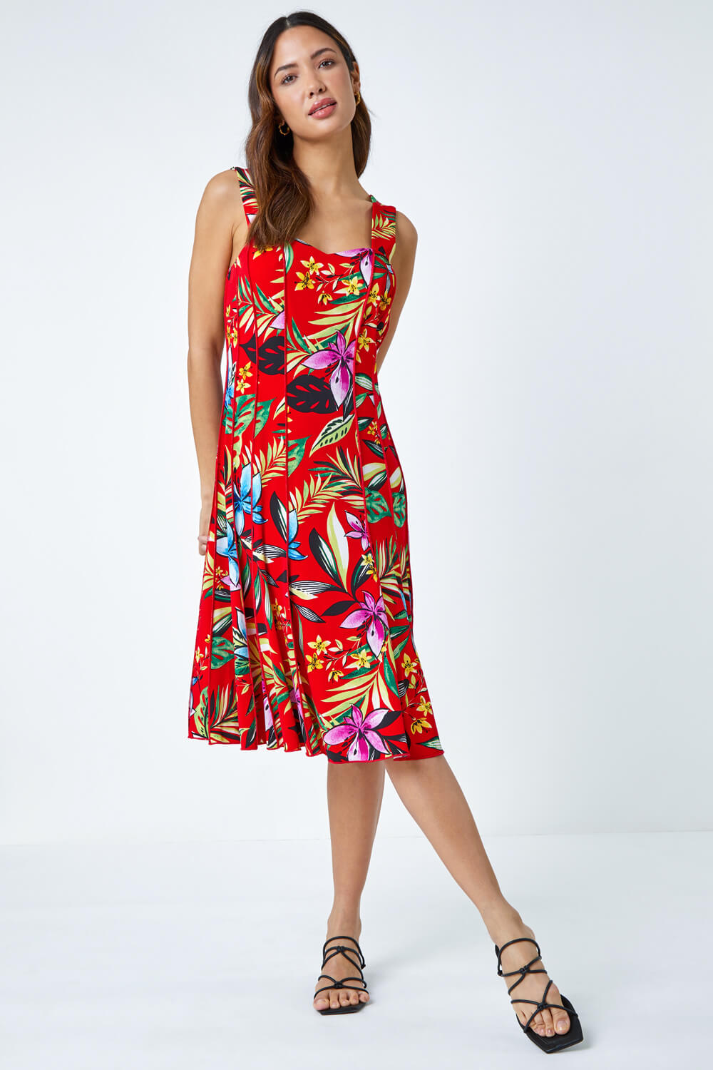 Red Sleeveless Floral Panel Stretch Dress , Image 2 of 5