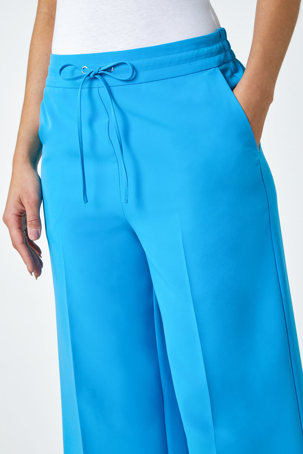 Turquoise Wide Leg Tie Front Stretch Trouser, Image 5 of 5