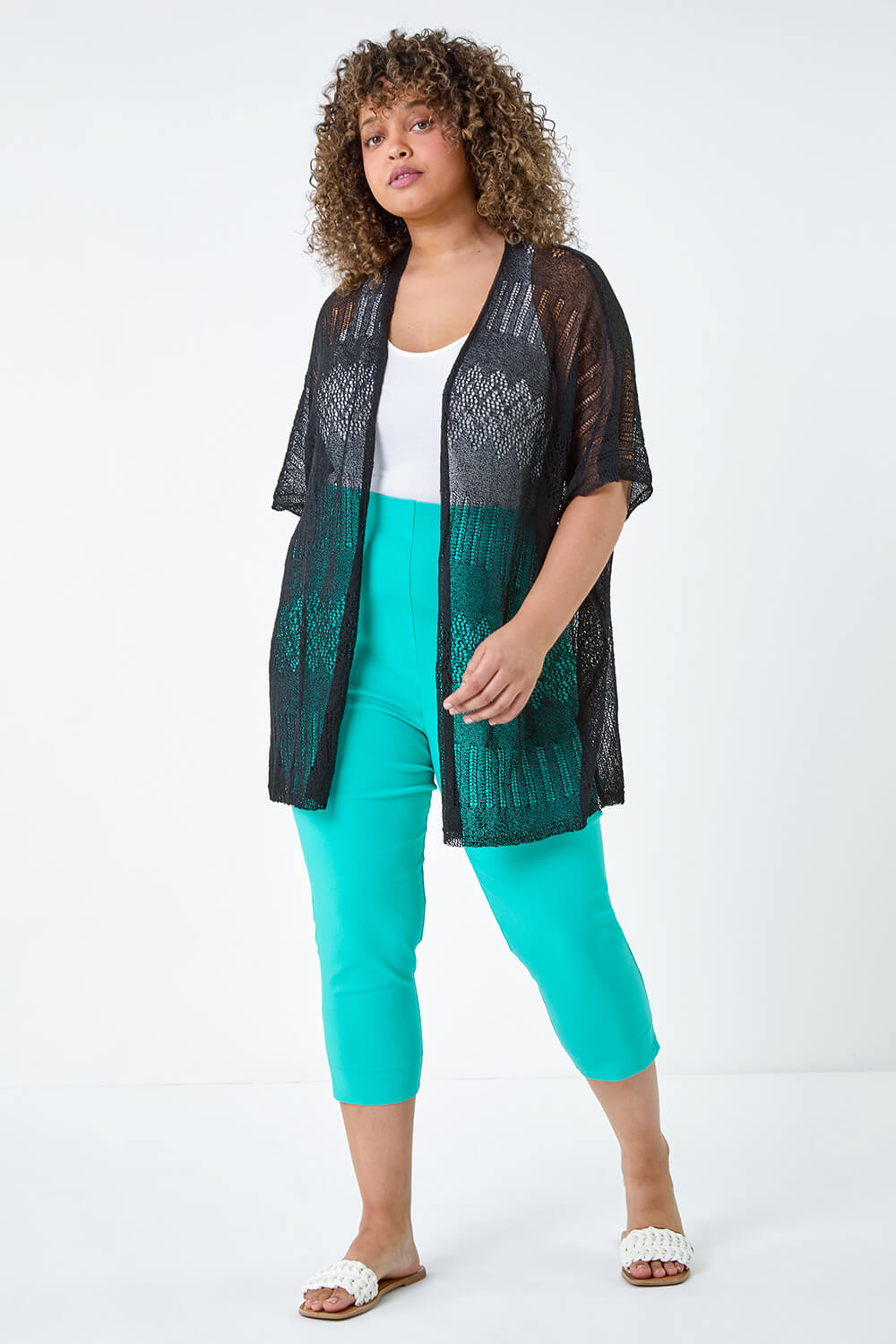 Black Curve Pointelle Knit Stretch Cardigan, Image 2 of 5