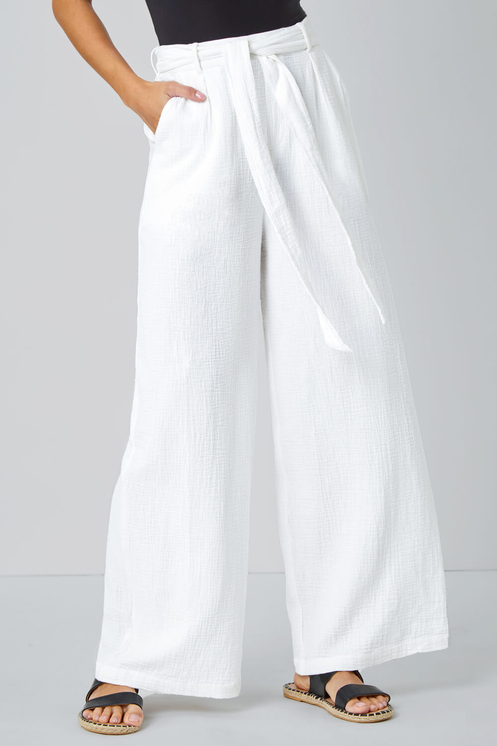 Ivory  Textured Cotton Wide Leg Trousers, Image 4 of 5