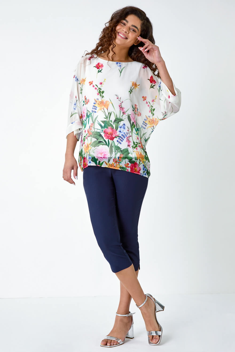 Ivory  Floral Border Print Overlay Top, Image 2 of 5