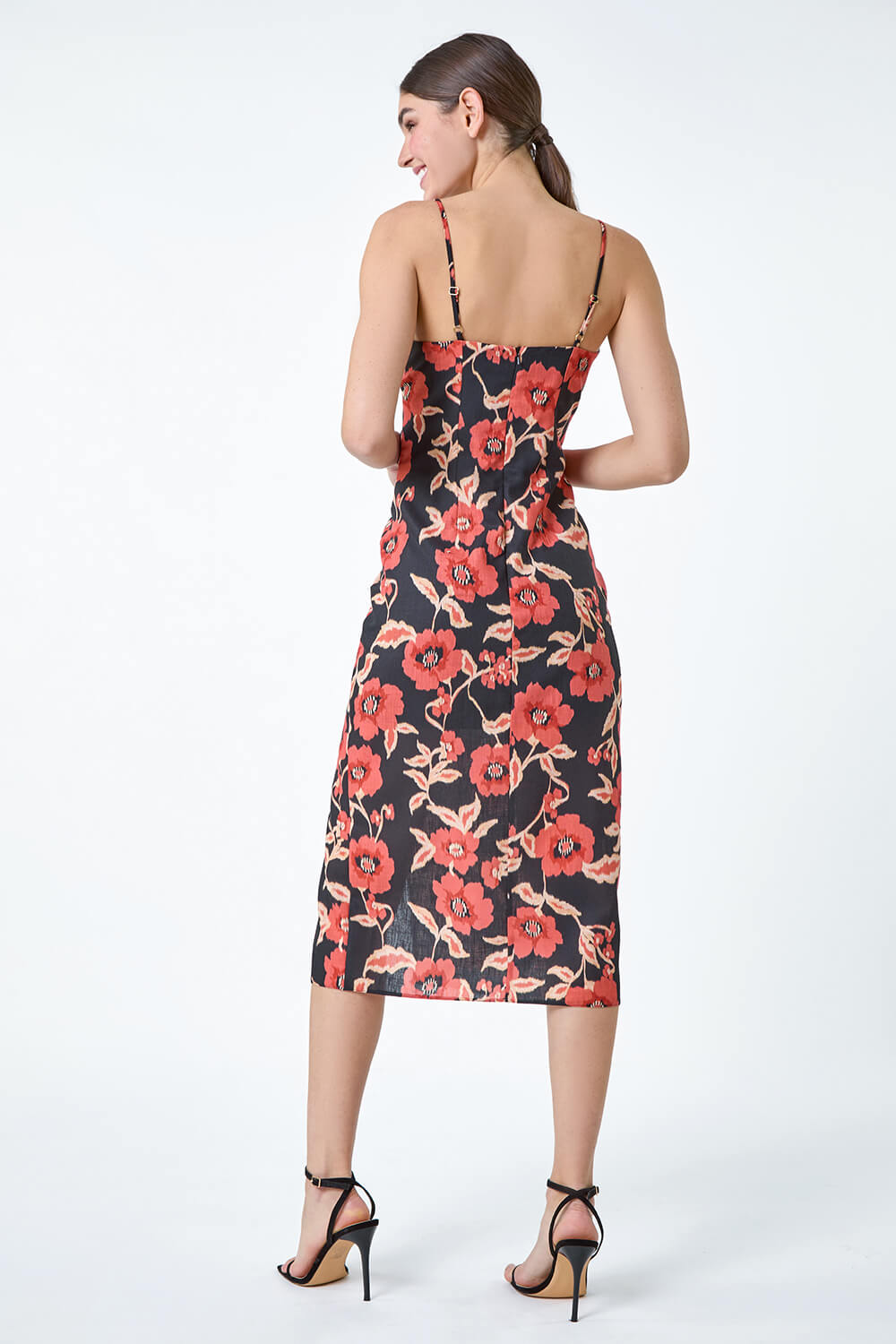 Black Floral Linen Look Ruched Midi Dress, Image 3 of 5