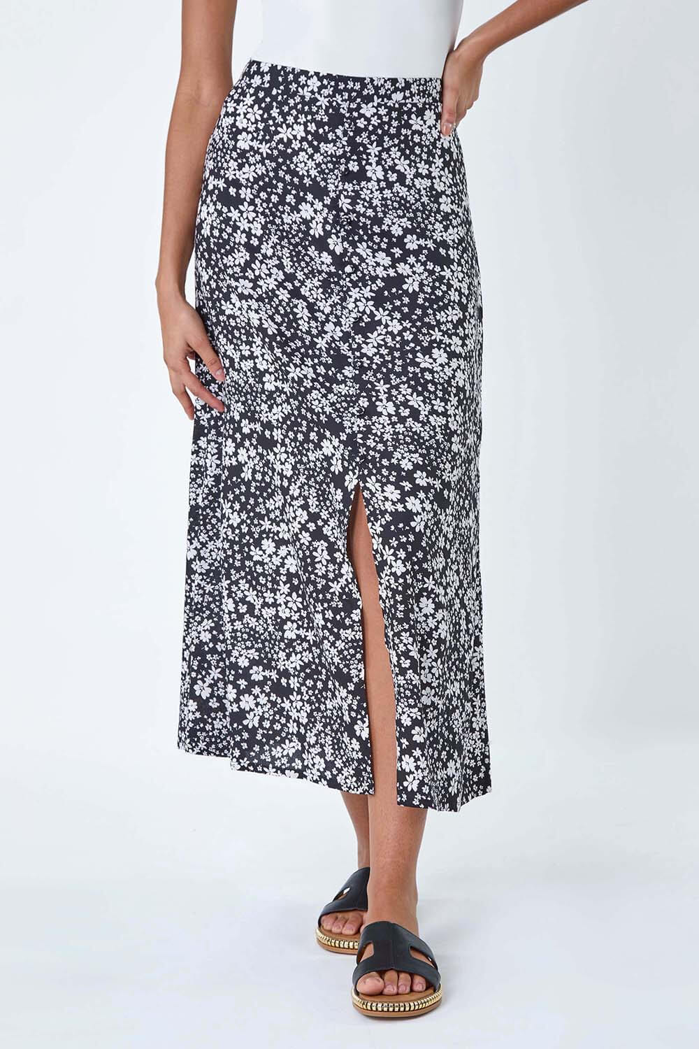 Black Ditsy Floral Button Detail Midi Skirt, Image 4 of 5