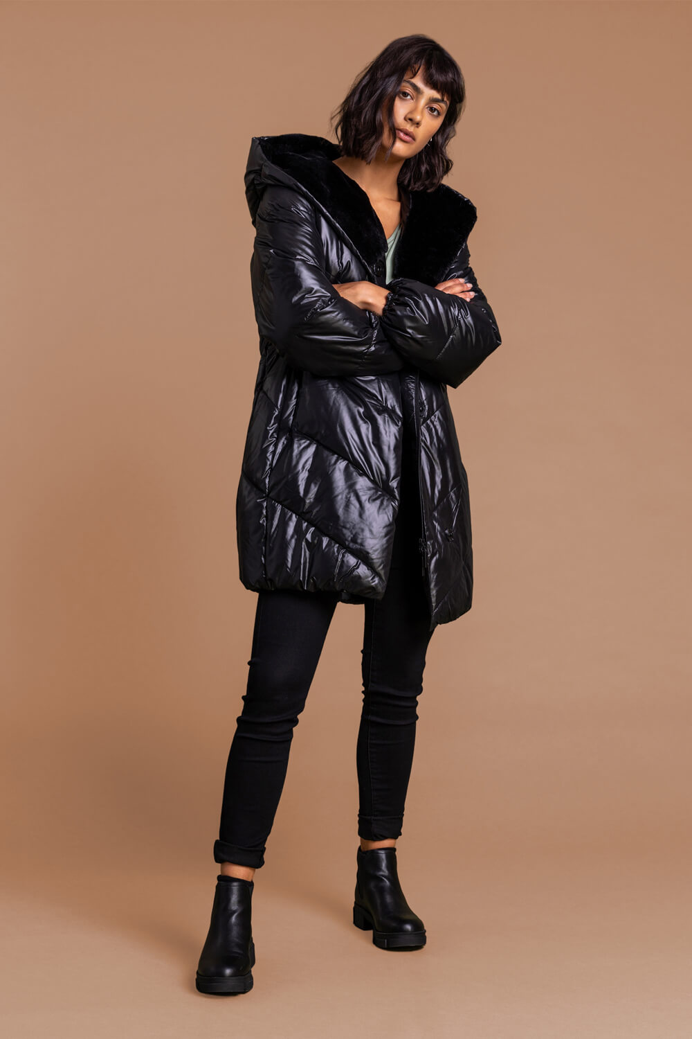 Black Hooded Long Quilted Coat, Image 2 of 4