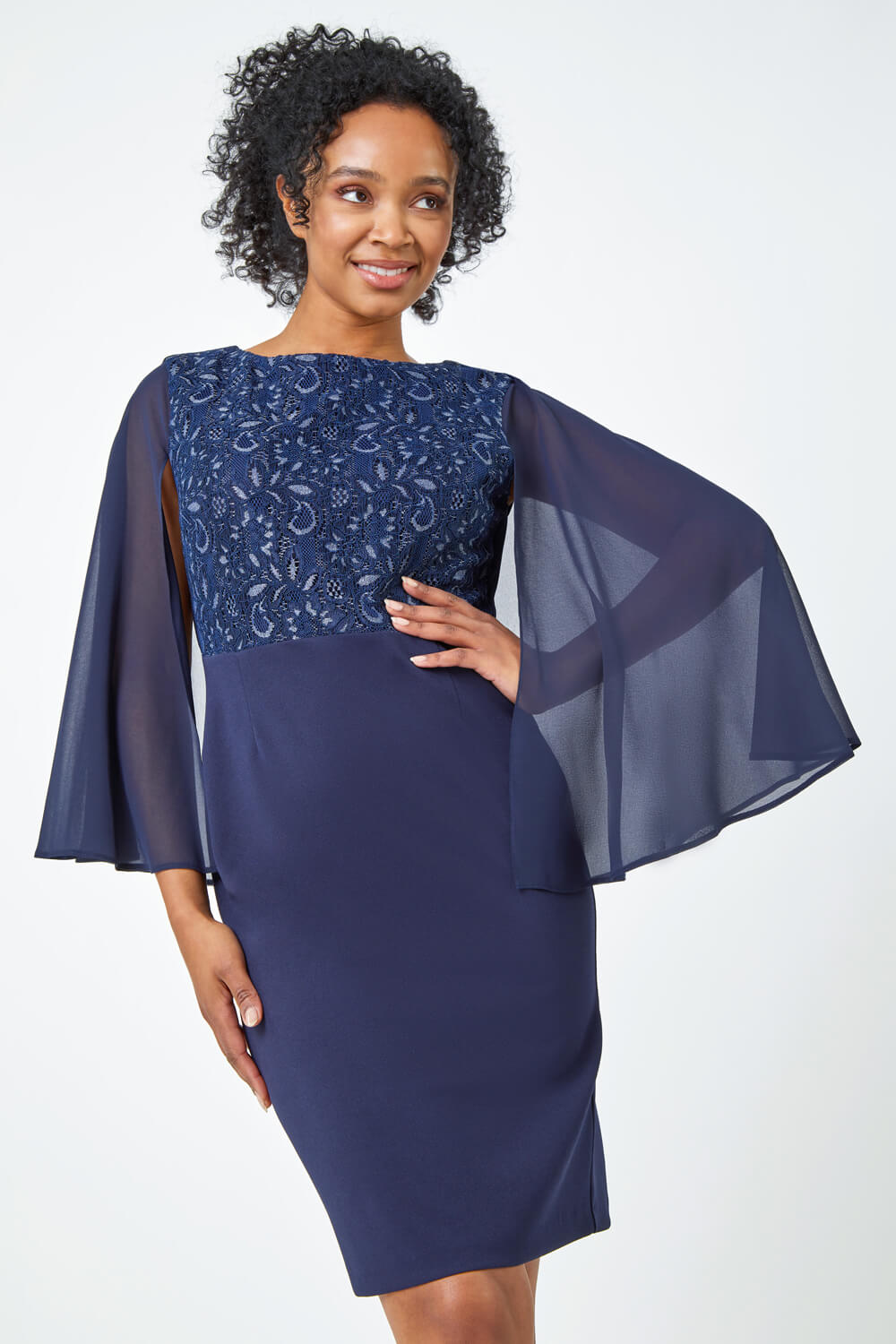 Petite Lace Chiffon Cape Sleeve Dress In Navy Roman UK