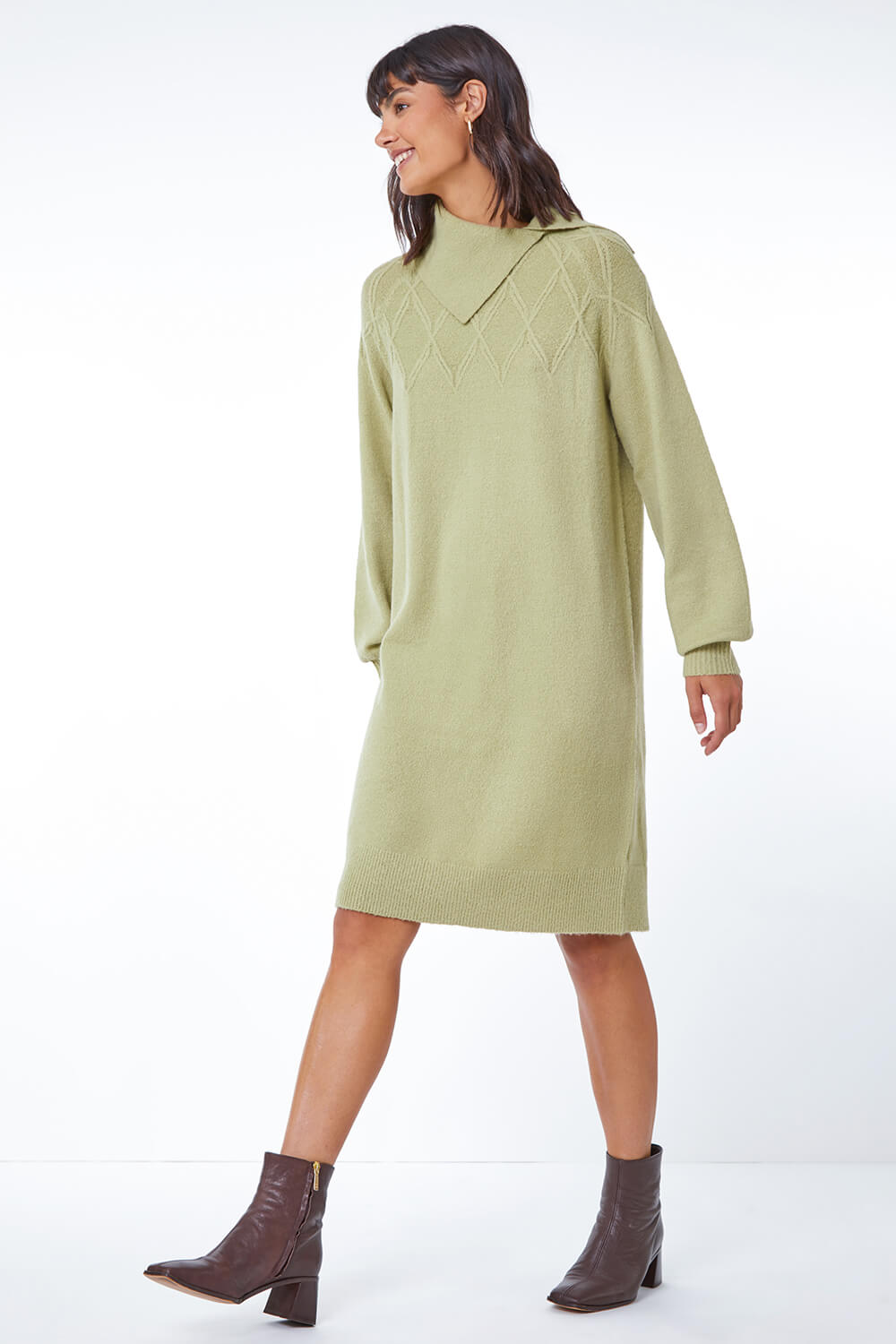 Pale Green Longline Split Neck Jumper Dress, Image 2 of 5