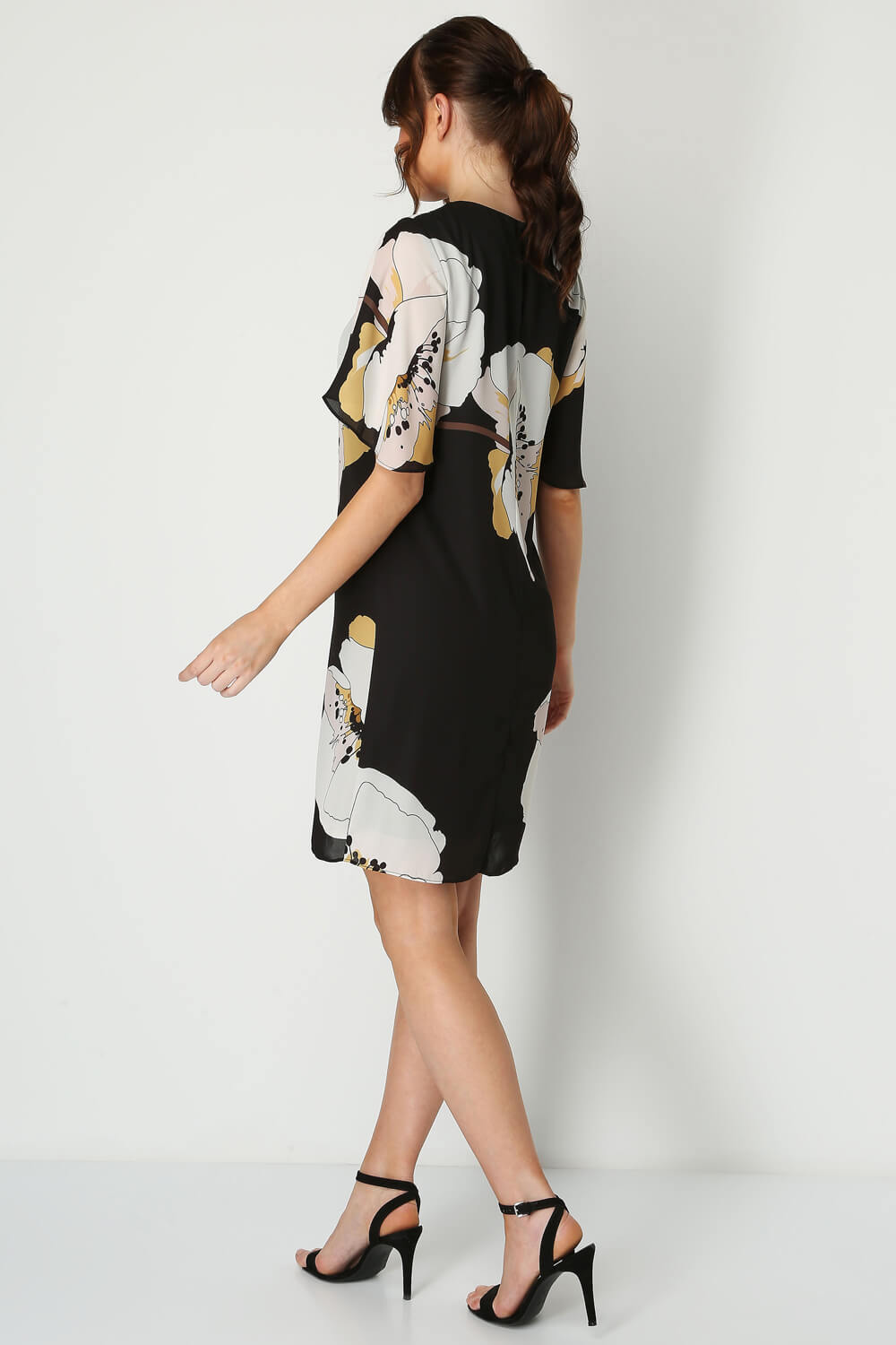 Black Floral Print Chiffon T-Shirt Dress, Image 3 of 4