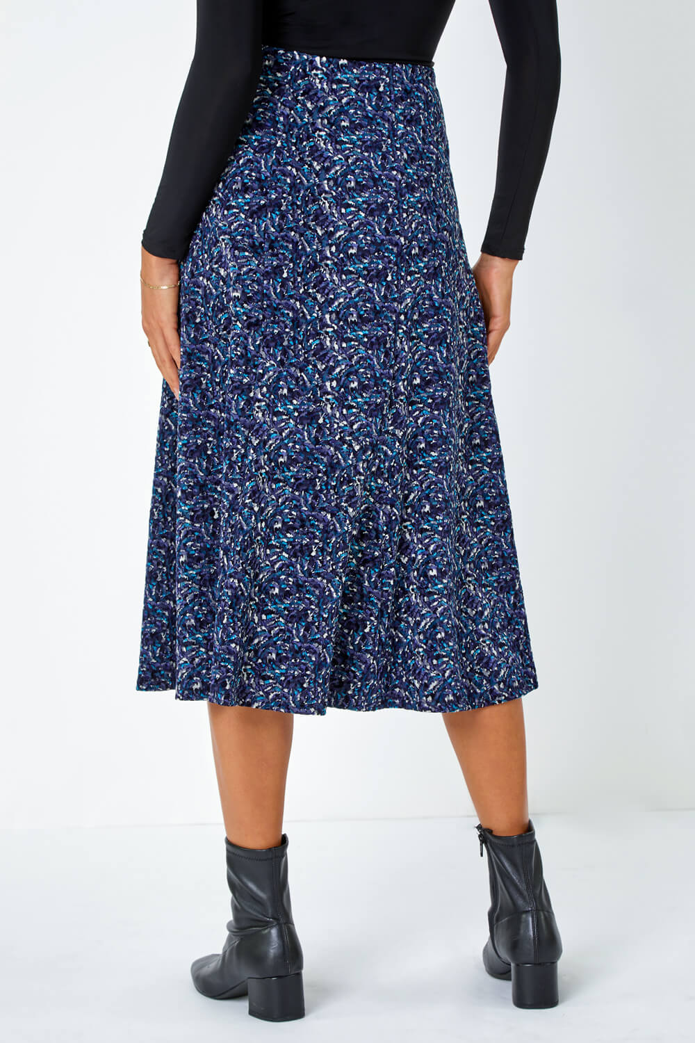 Midnight Blue Textured Abstract Print A-Line Stretch Skirt, Image 3 of 5