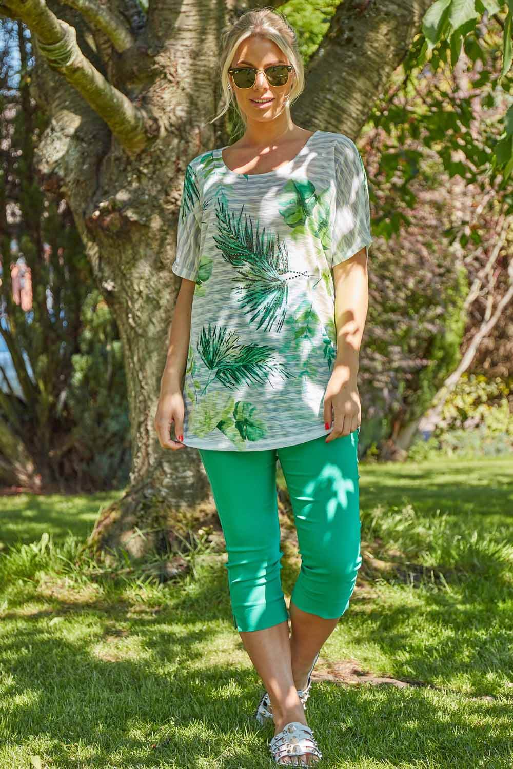 Tropical Print Embellished T-Shirt in Green - Roman Originals UK