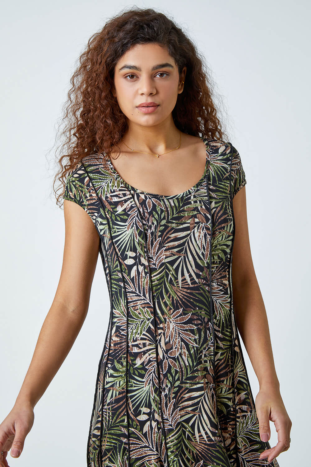 KHAKI Leaf Print Panel Stretch Dress, Image 4 of 5