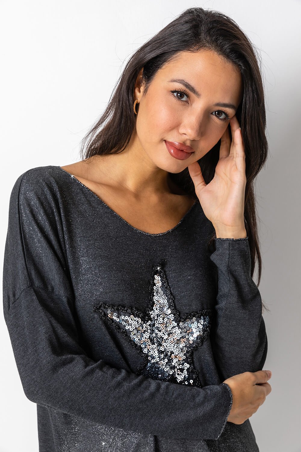 Charcoal Sequin Star Embellished Sweat Top, Image 4 of 4