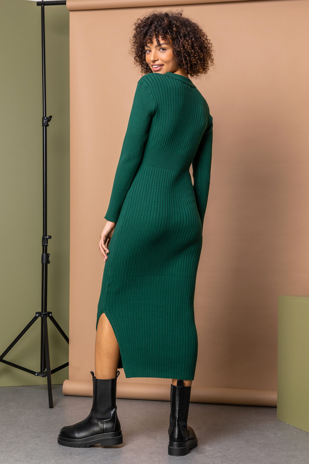 Dark Green Ribbed Knit Collar Midi Dress, Image 2 of 5