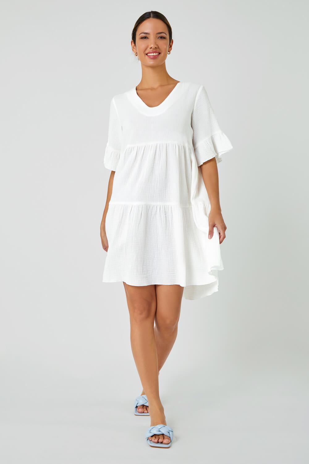 White Cotton Tiered Smock Dress , Image 6 of 7