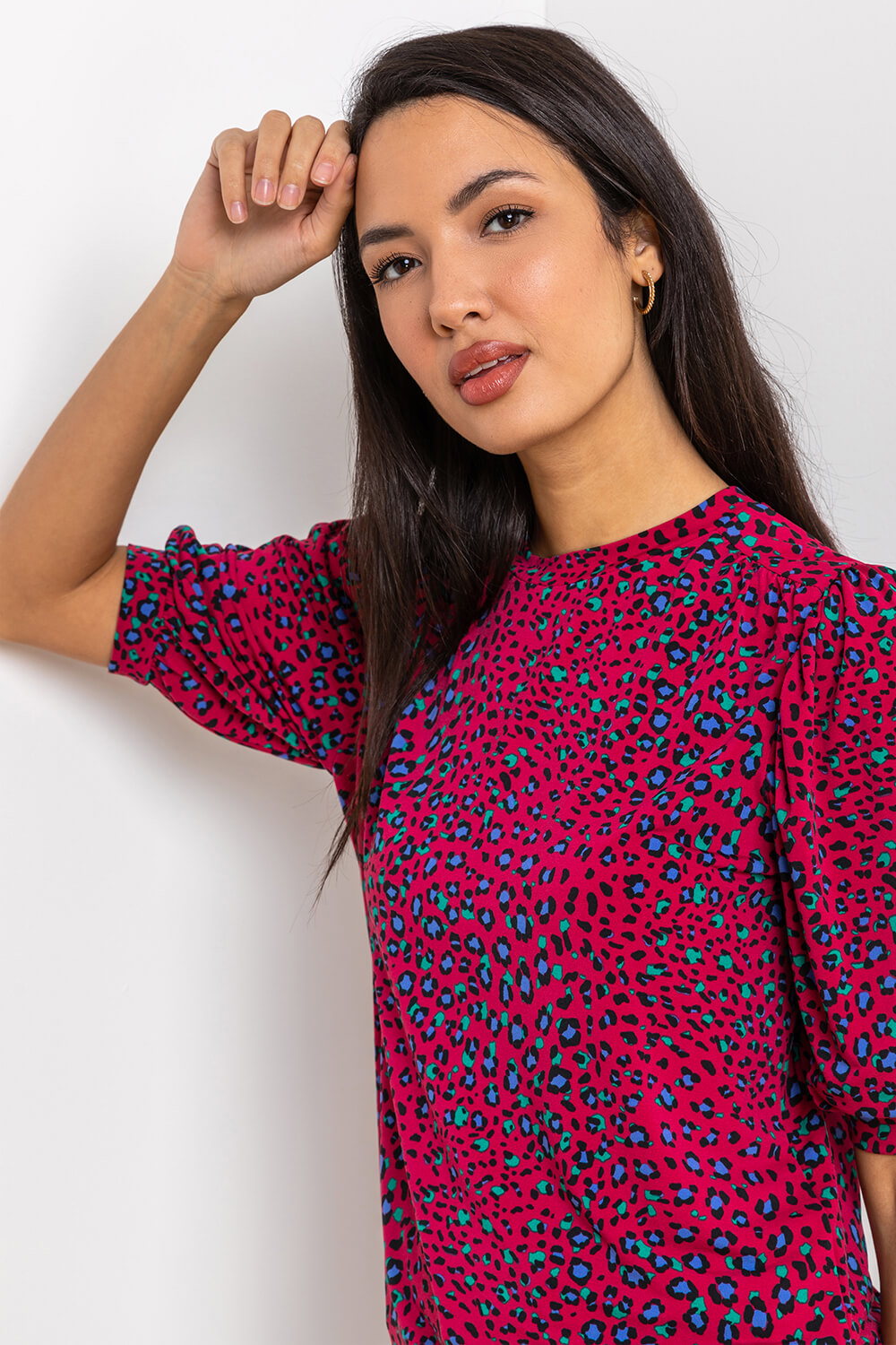 Red Contrast Animal Print Shirred Top, Image 5 of 5