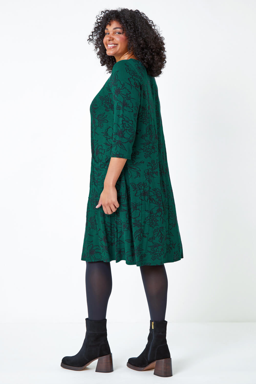 Green Curve Floral Print Swing Stretch Dress, Image 3 of 5