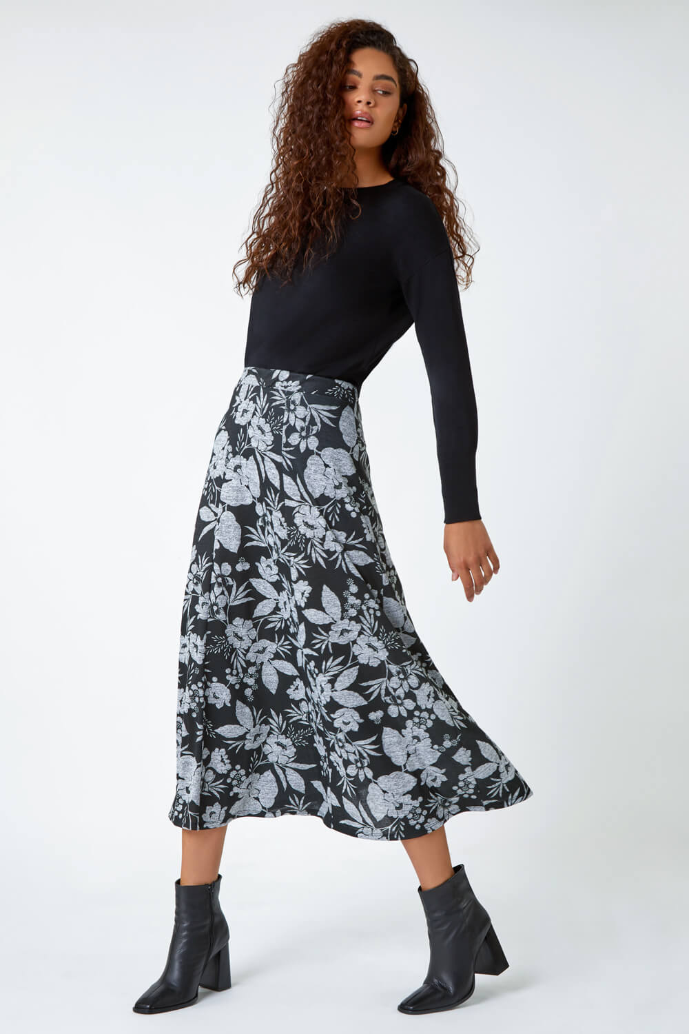 Grey Floral Print Midi Stretch Skirt, Image 2 of 5