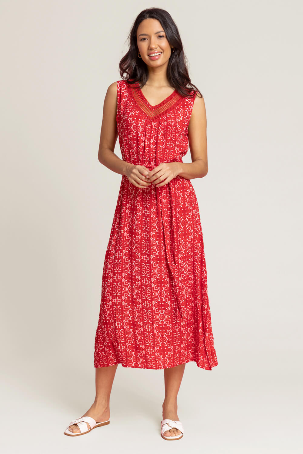 Geo Print Sequin Trim Midi Dress in Red - Roman Originals UK