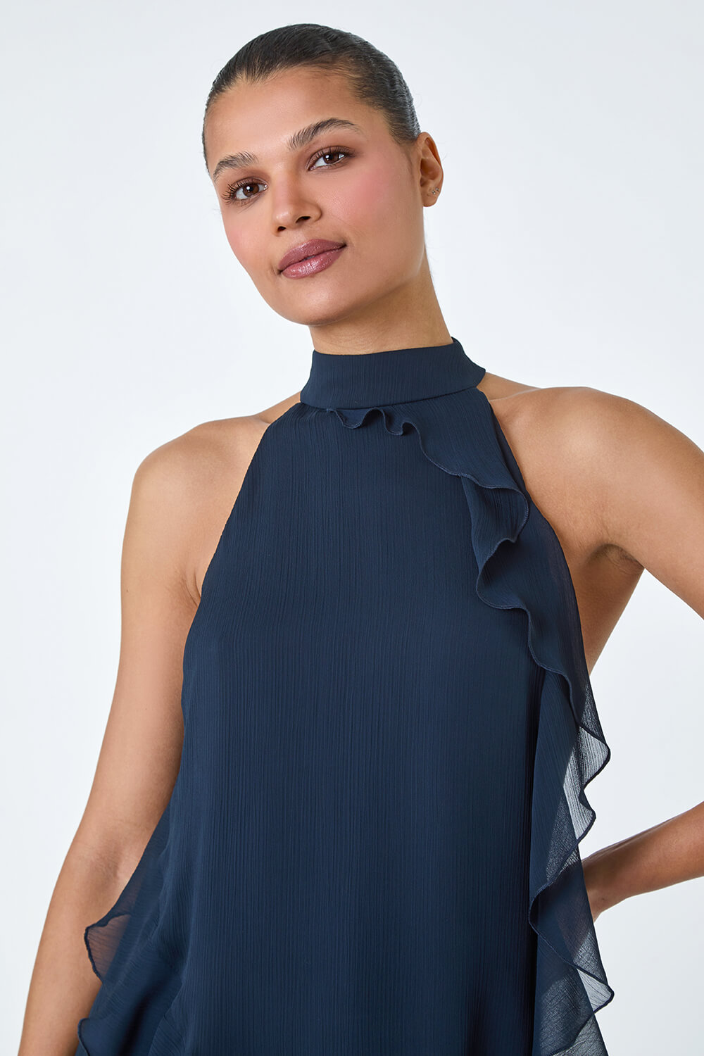 Navy  Halterneck Asymmetric Frill Detail Top, Image 4 of 5