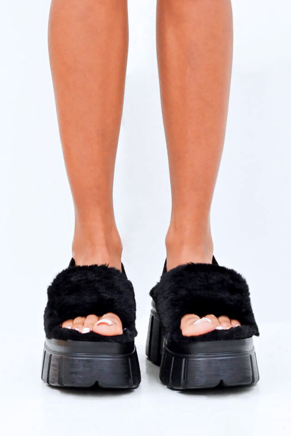 Black Chunky Faux Fur Strap Platform Sandals, Image 2 of 4