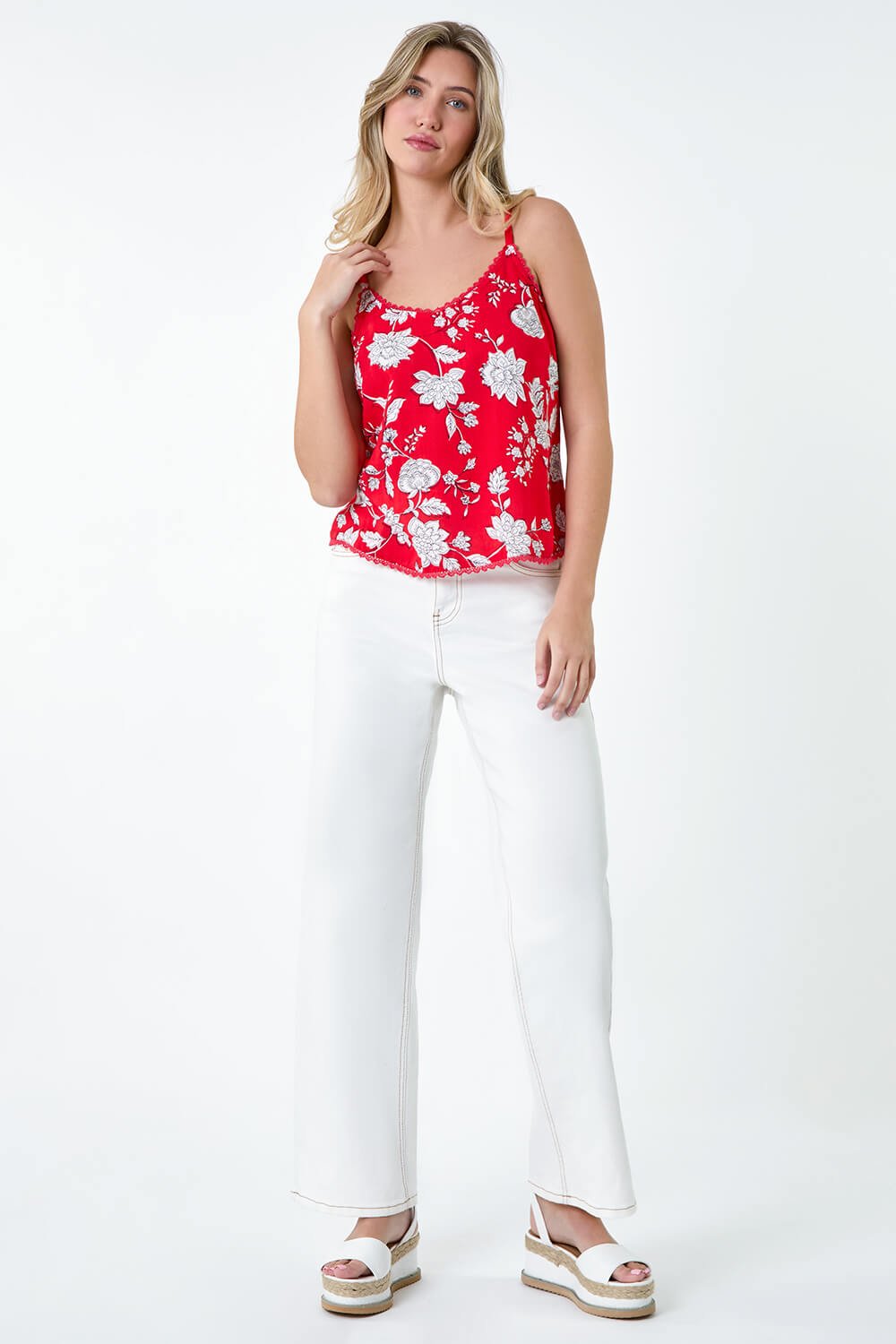 CORAL Ditsy Floral Lace Trim Top, Image 2 of 5