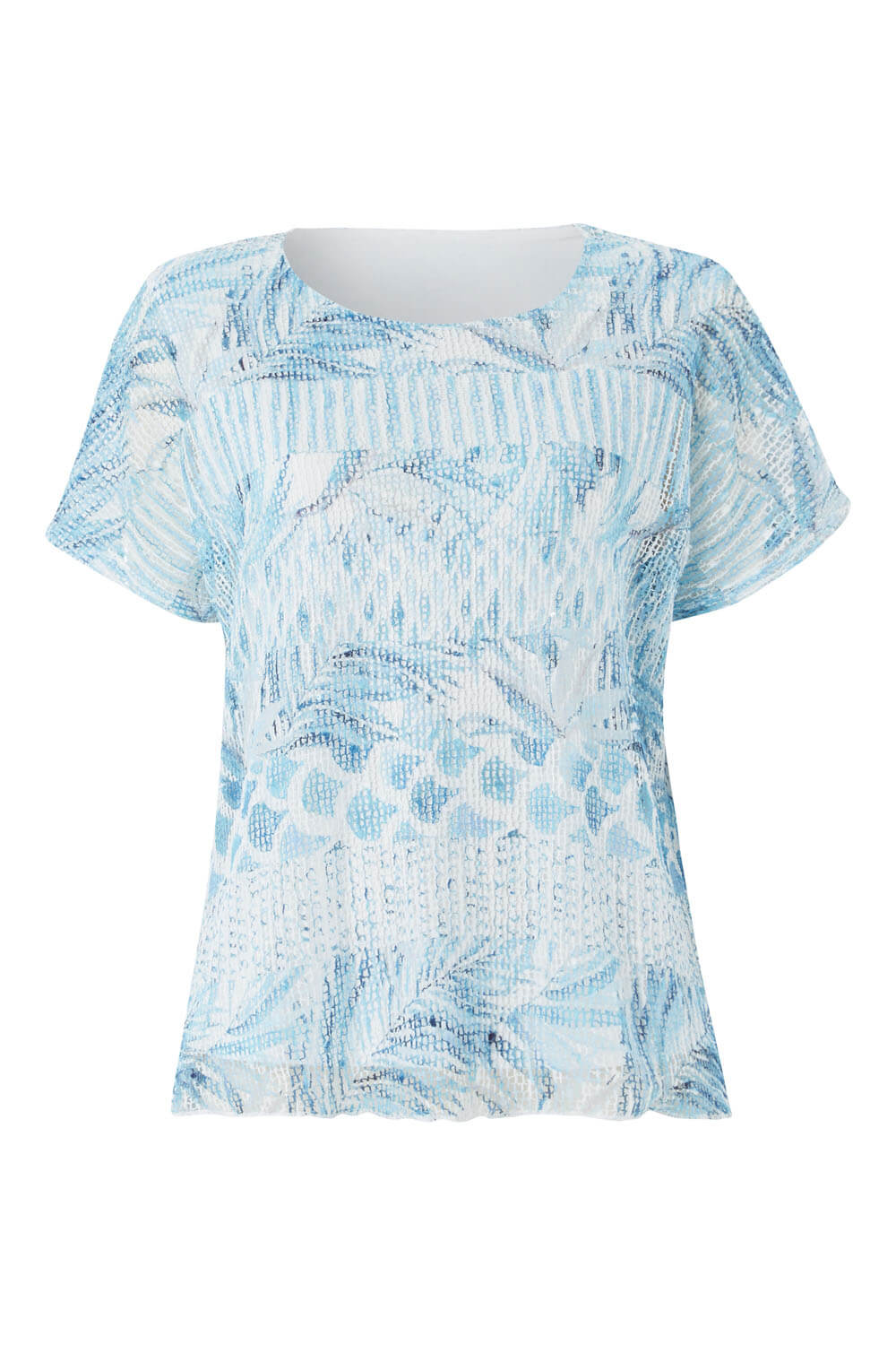 Blue Tropical Print Net Overlay Top, Image 4 of 8