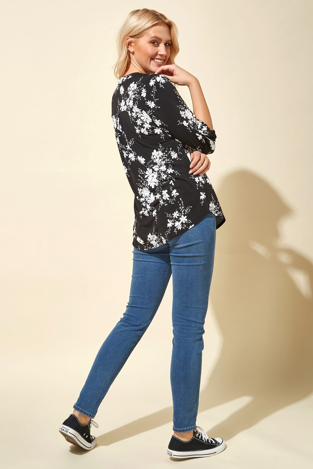 Black Floral Puff Print 3/4 Sleeve Blouse, Image 2 of 4