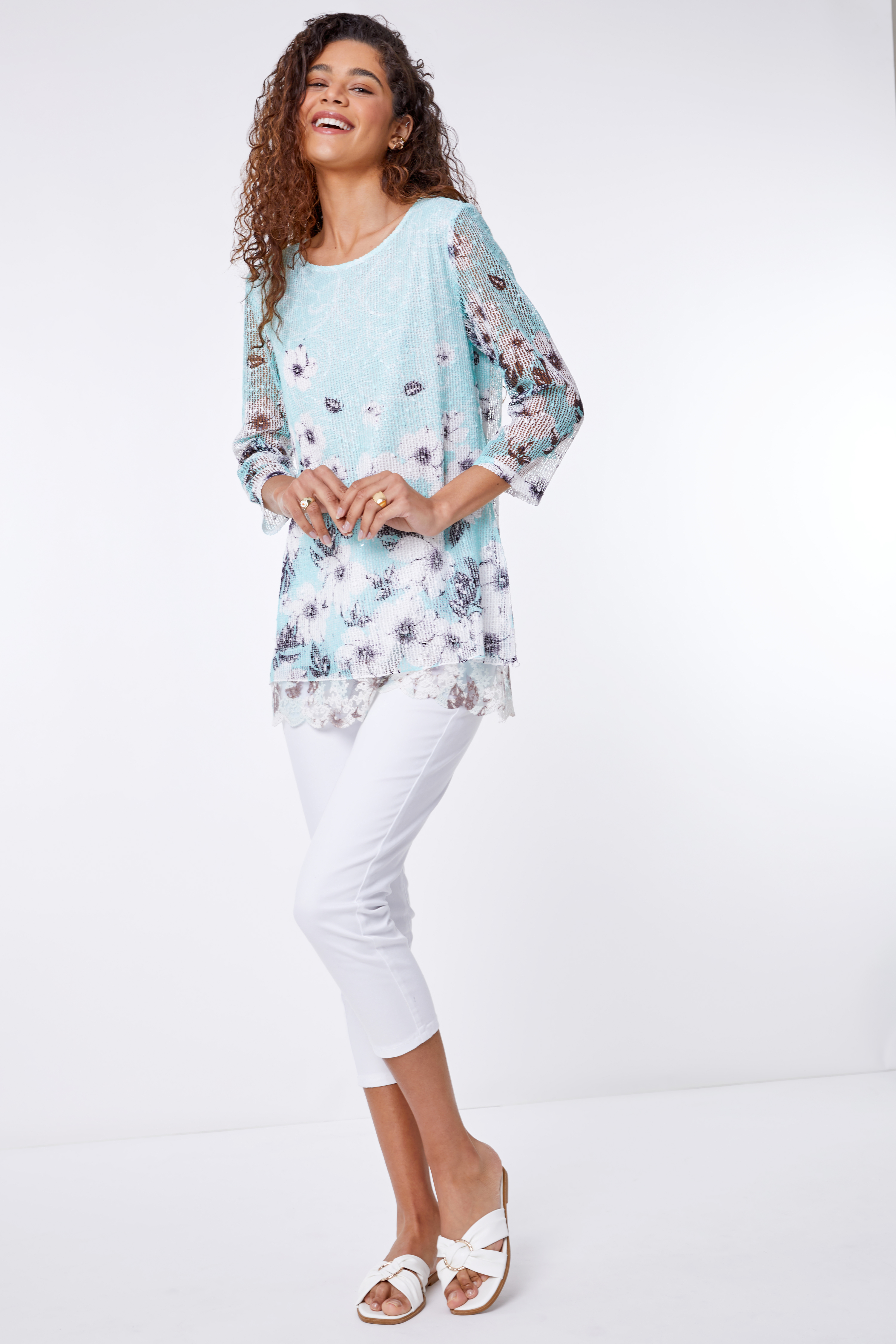 Mint Lace Trim Overlay Floral Print Top, Image 2 of 5