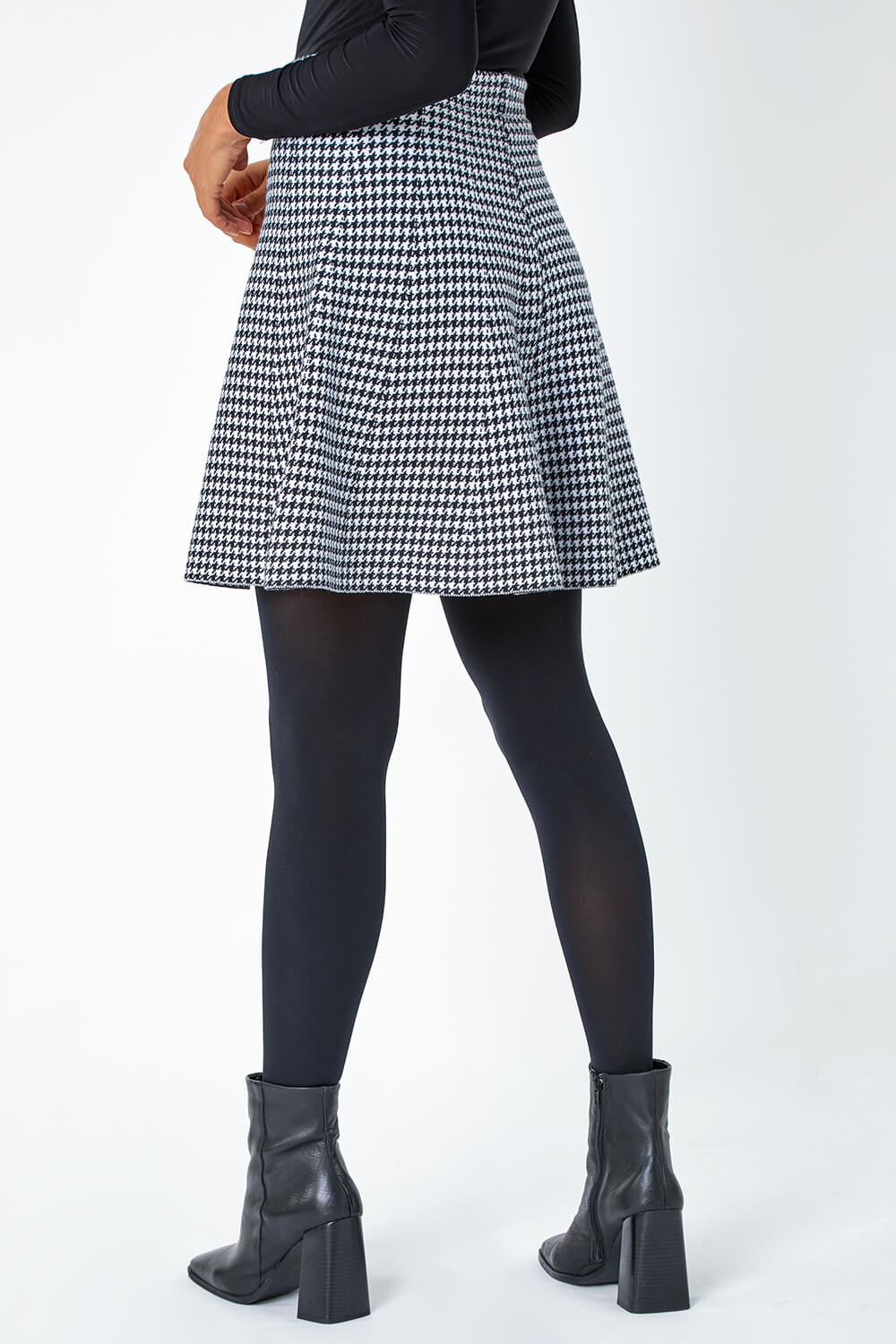 Black Dogstooth Knitted A-Line Mini Skirt | Roman UK