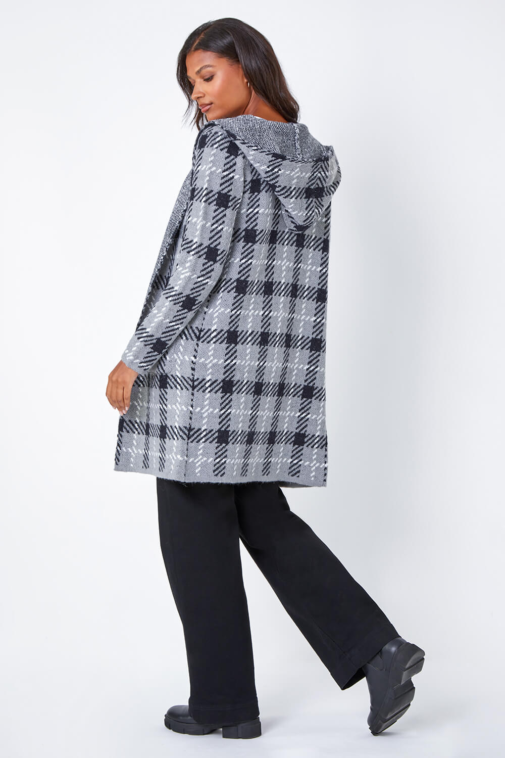 Grey Check Longline Hooded Cardigan, Image 3 of 7