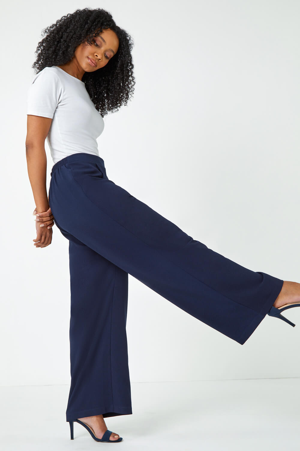 Navy  Petite Wide Leg Stretch Trousers, Image 4 of 6