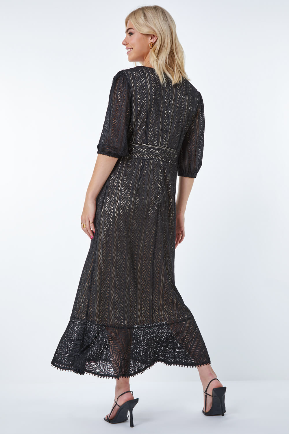 Black Stretch Lace Frill Hem Dress, Image 3 of 5