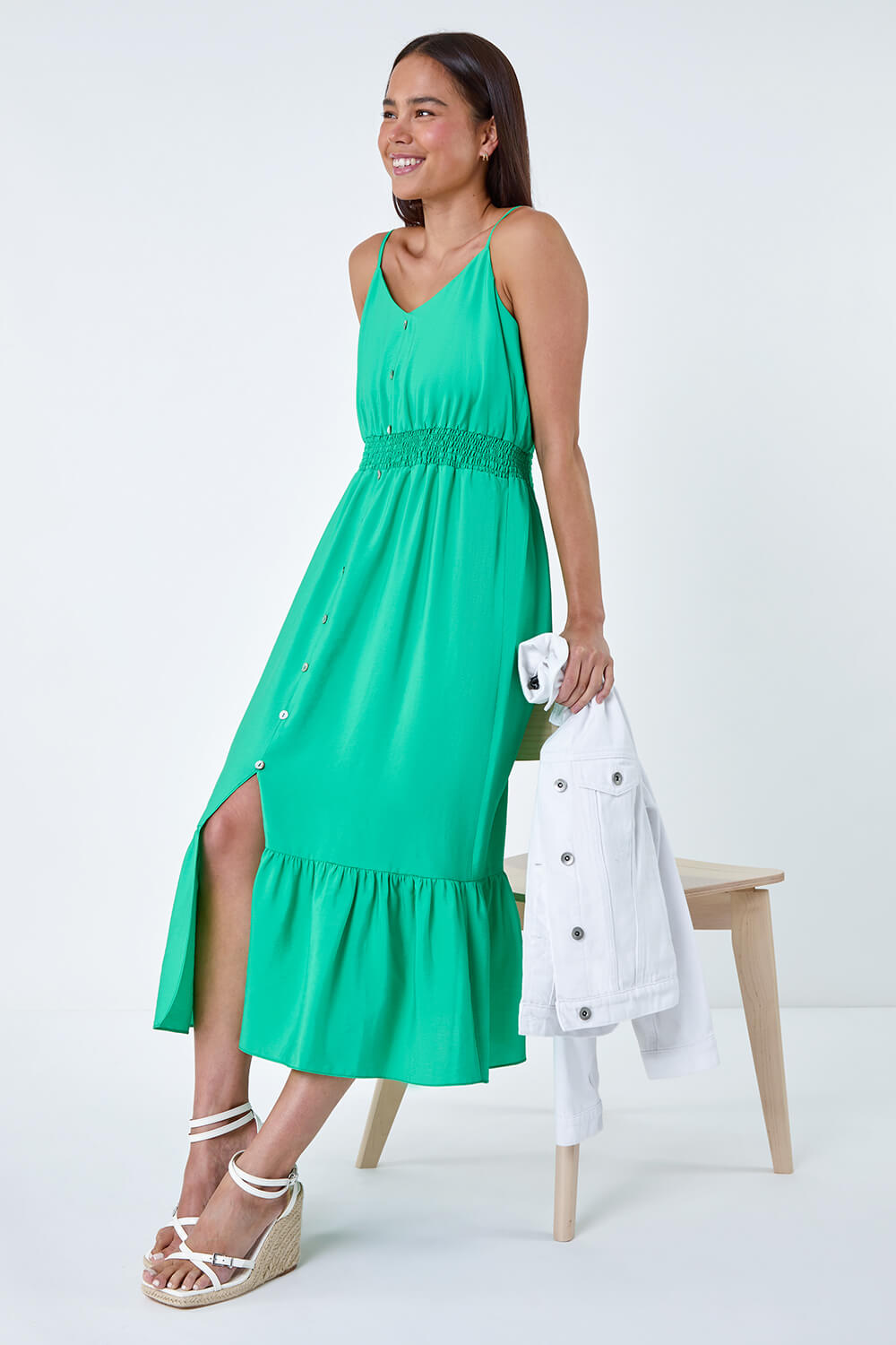 Green Petite Plain Shirred Button Detail Dress, Image 2 of 5