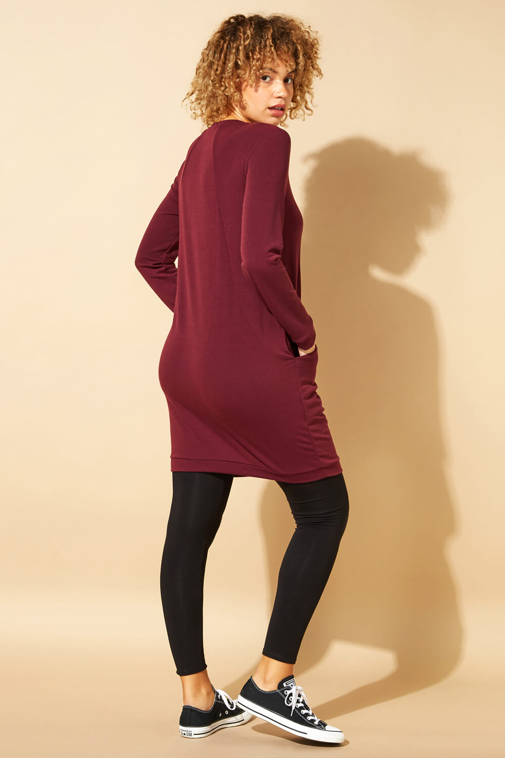Wine Front Pocket Long Sleeve Cocoon Dress, Image 3 of 5