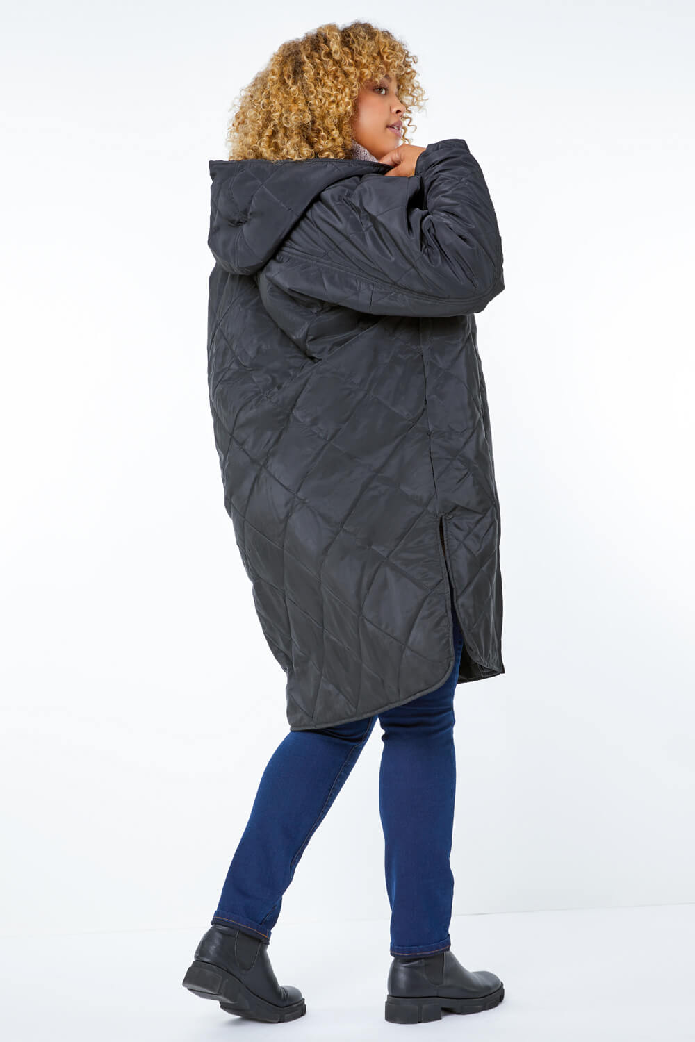 Black Curve Quilted Longline Coat, Image 3 of 5