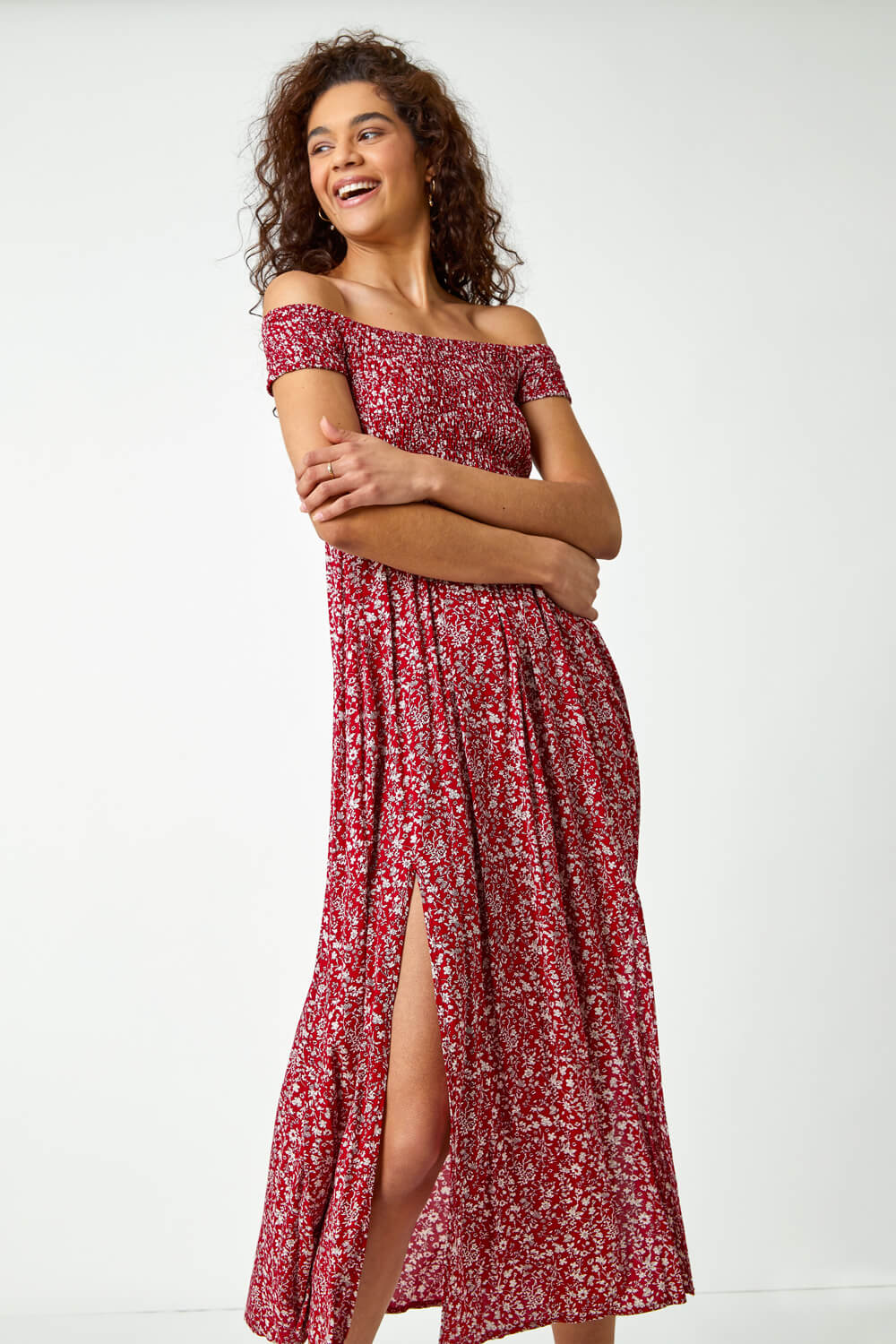 Floral Shirred Bardot Maxi Dress