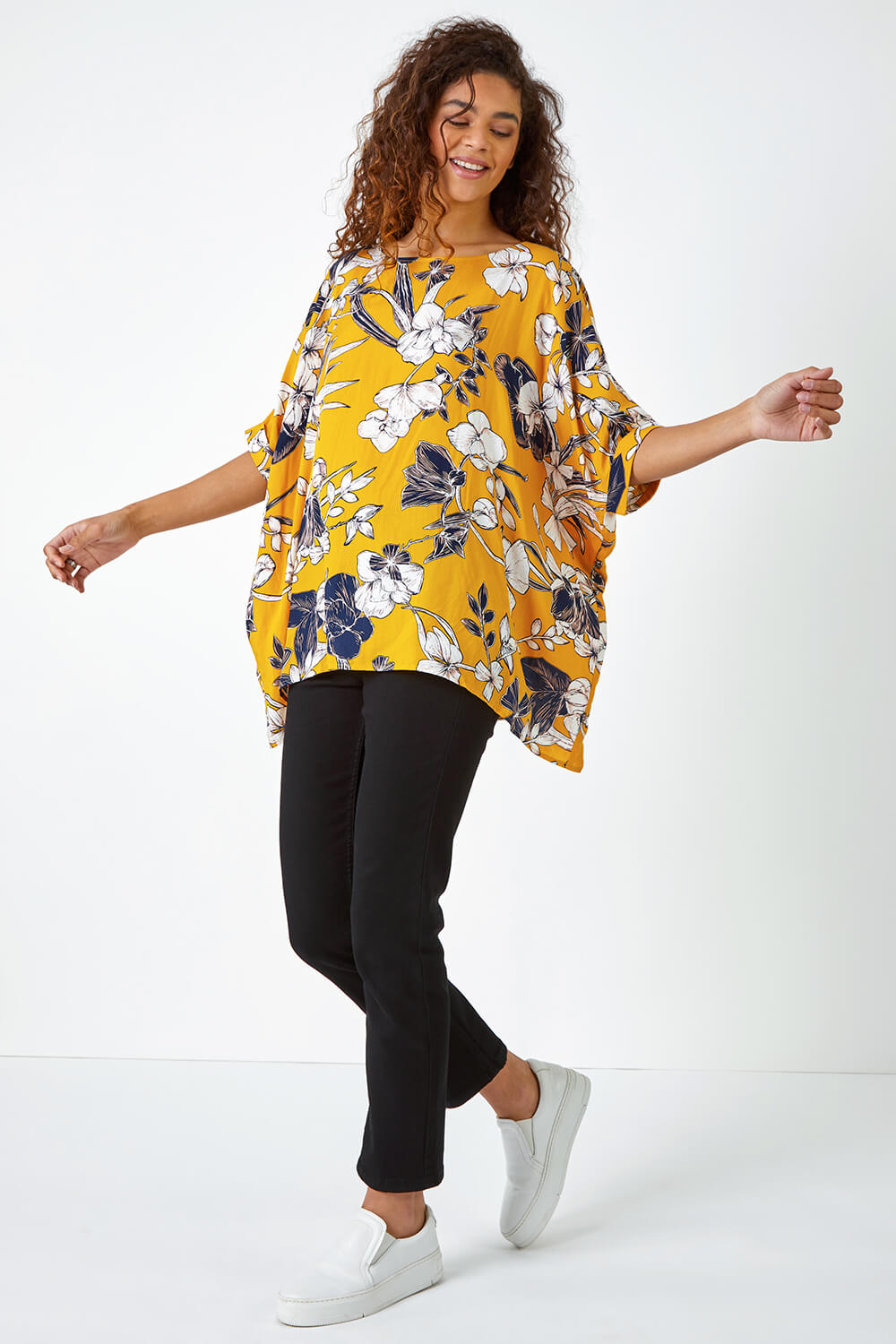 Yellow Floral Print Button Back Top, Image 2 of 5