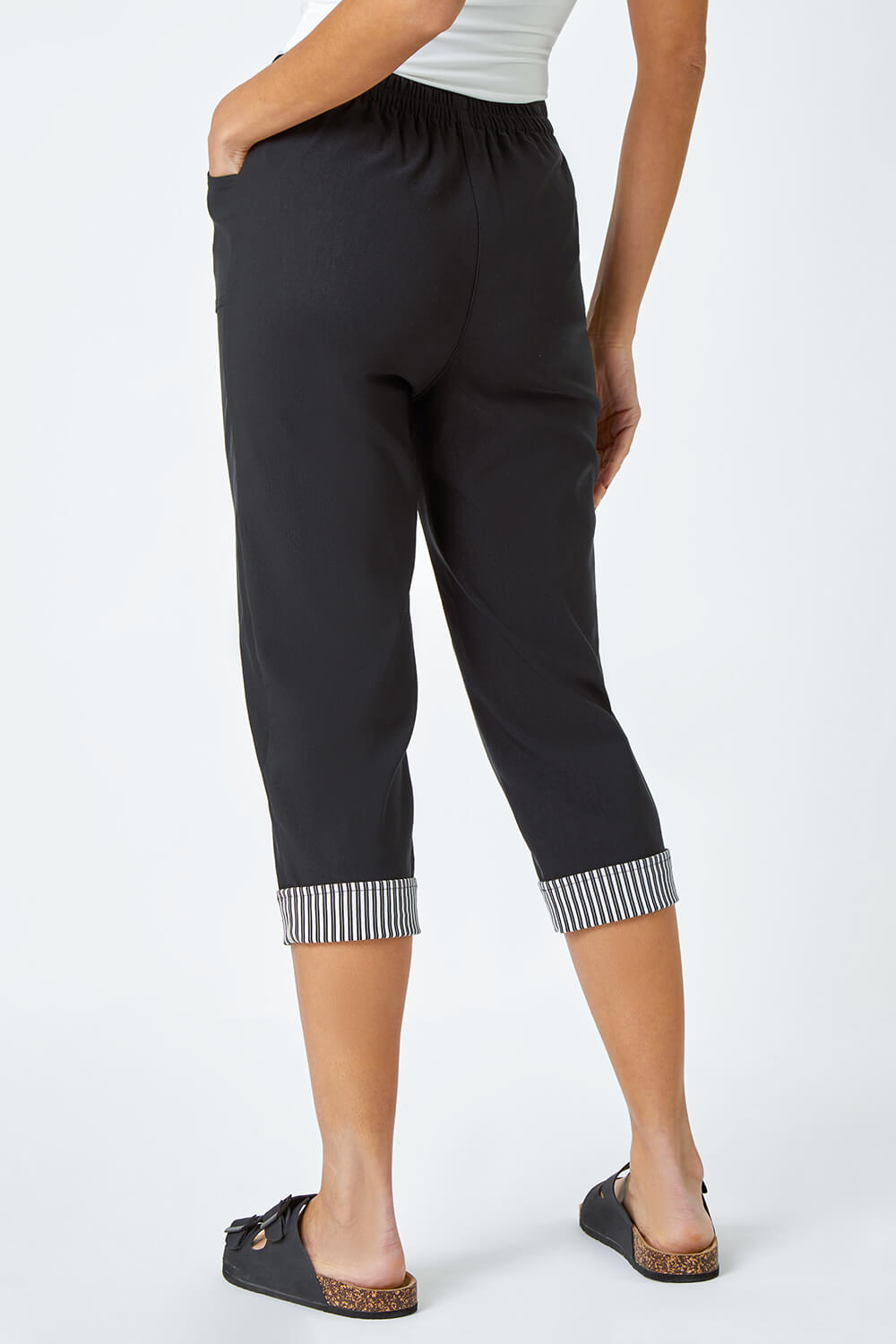 Black Contrast Detail Cropped Stretch Trousers | Roman UK
