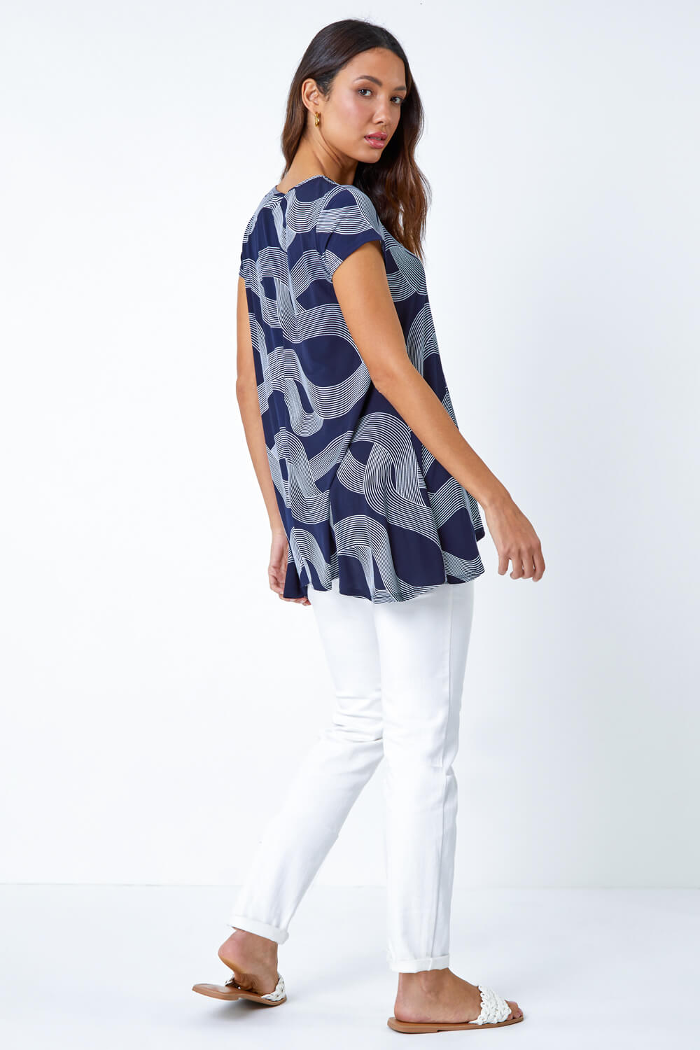 Navy  Abstract Swirl Print Stretch Top, Image 3 of 5
