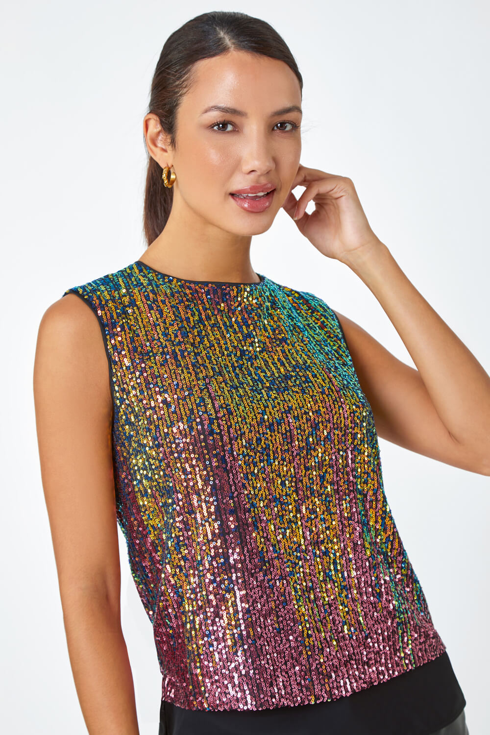 PINK Ombre Sequin Overlay Stretch Top, Image 6 of 7