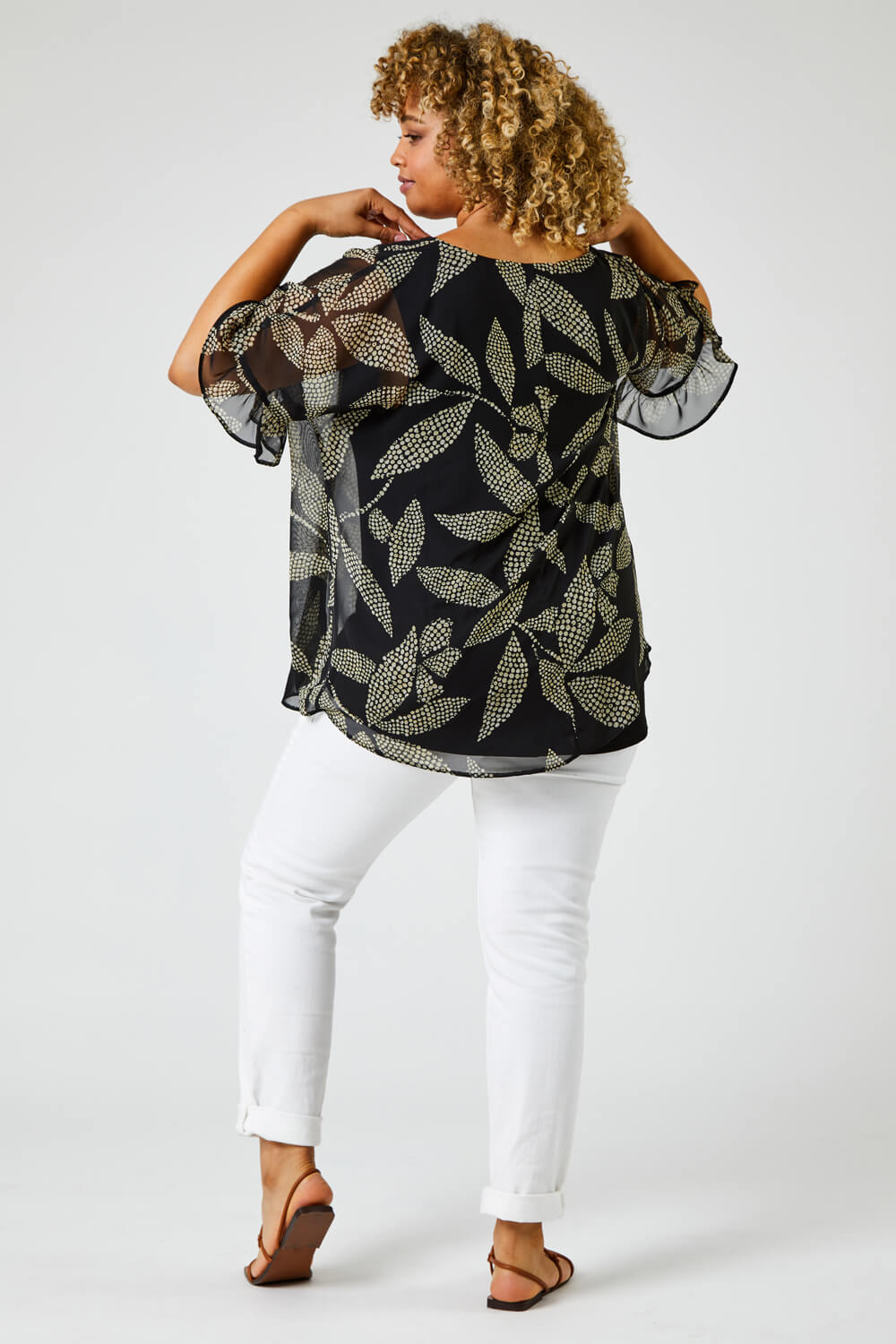 Black Curve Abstract Leaf Print Chiffon Overlay Top, Image 2 of 6